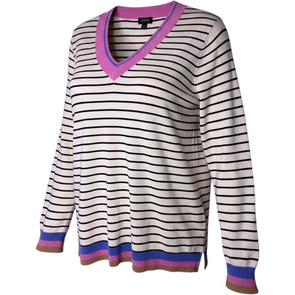 Jones New York Sweaters - Jones New York Striped V-Neck Sweater Pink Blue Trim Ivory Black Women's M NEW